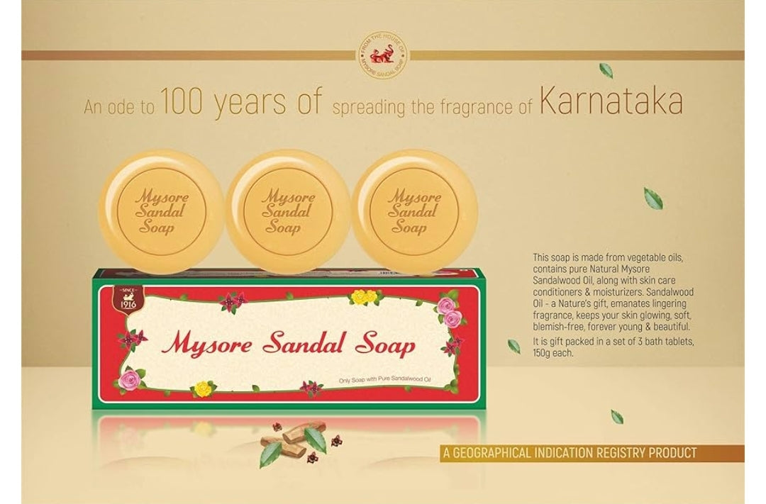 Mysore Pure Natural Sandalwood Oil Ayurvedic Soap - 3 x 150g bars in 1 gift pack